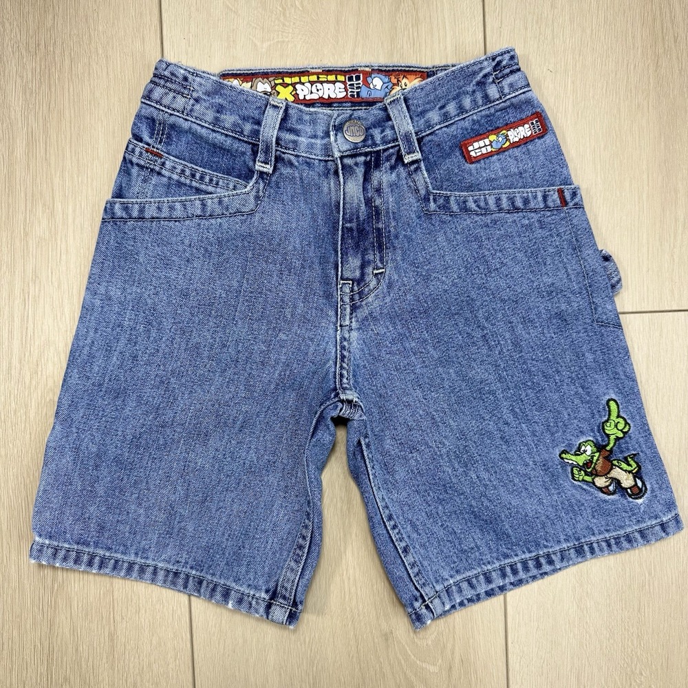 VTG Y2K JNCO USA Made Kids Denim Shorts‎ Size 5 Blue Cartoon Embroidered Skater